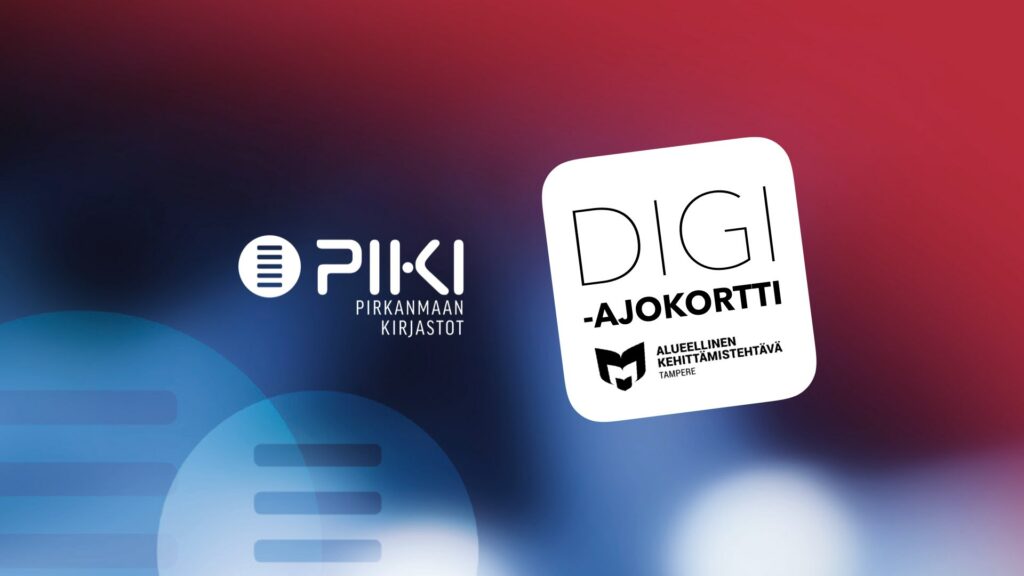 Kuvassa on punasininen PIKI-ilme, PIKI-kirjastojen logo ja Digiajokortti-logo.