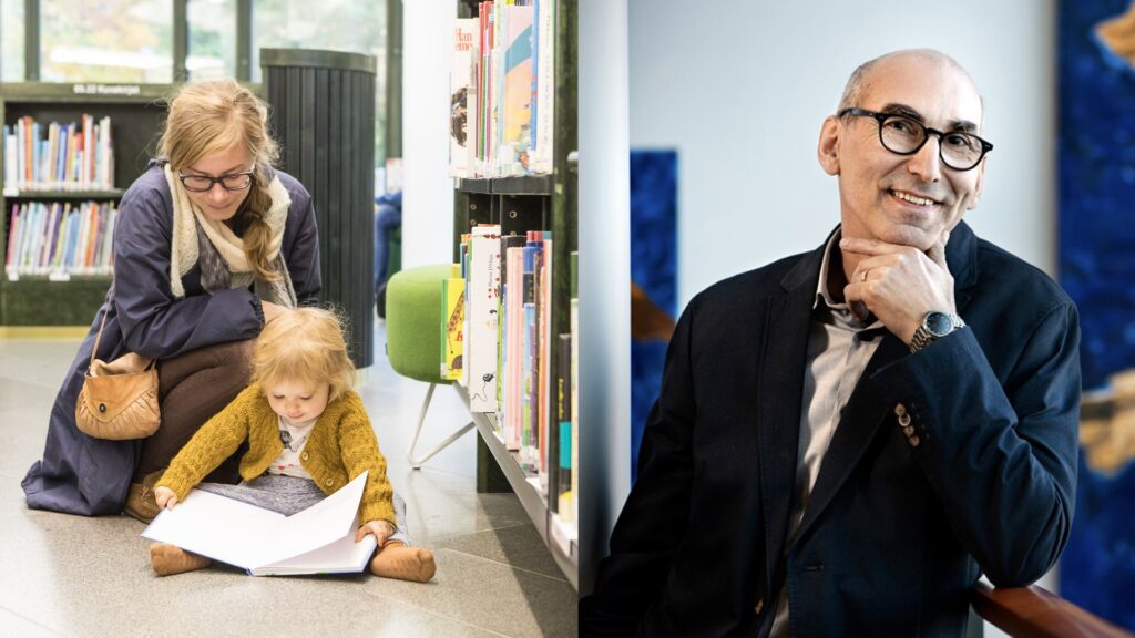 Kuvassa äiti ja lapsi lukevat kirjaa kirjastossa. Toisessa kuvassa Juha T. Hakala katsoo ja hymyilee.
