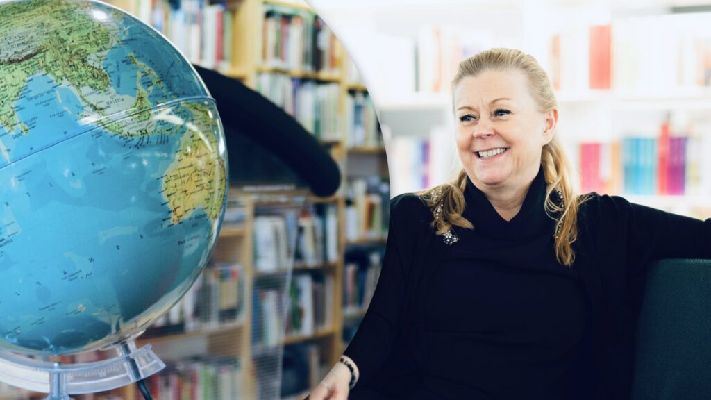 Maapallo Punkalaitumen kirjastossa ja toisessa kuvassa kouluttaja, kirjailija ja tutkija Pia Houni.