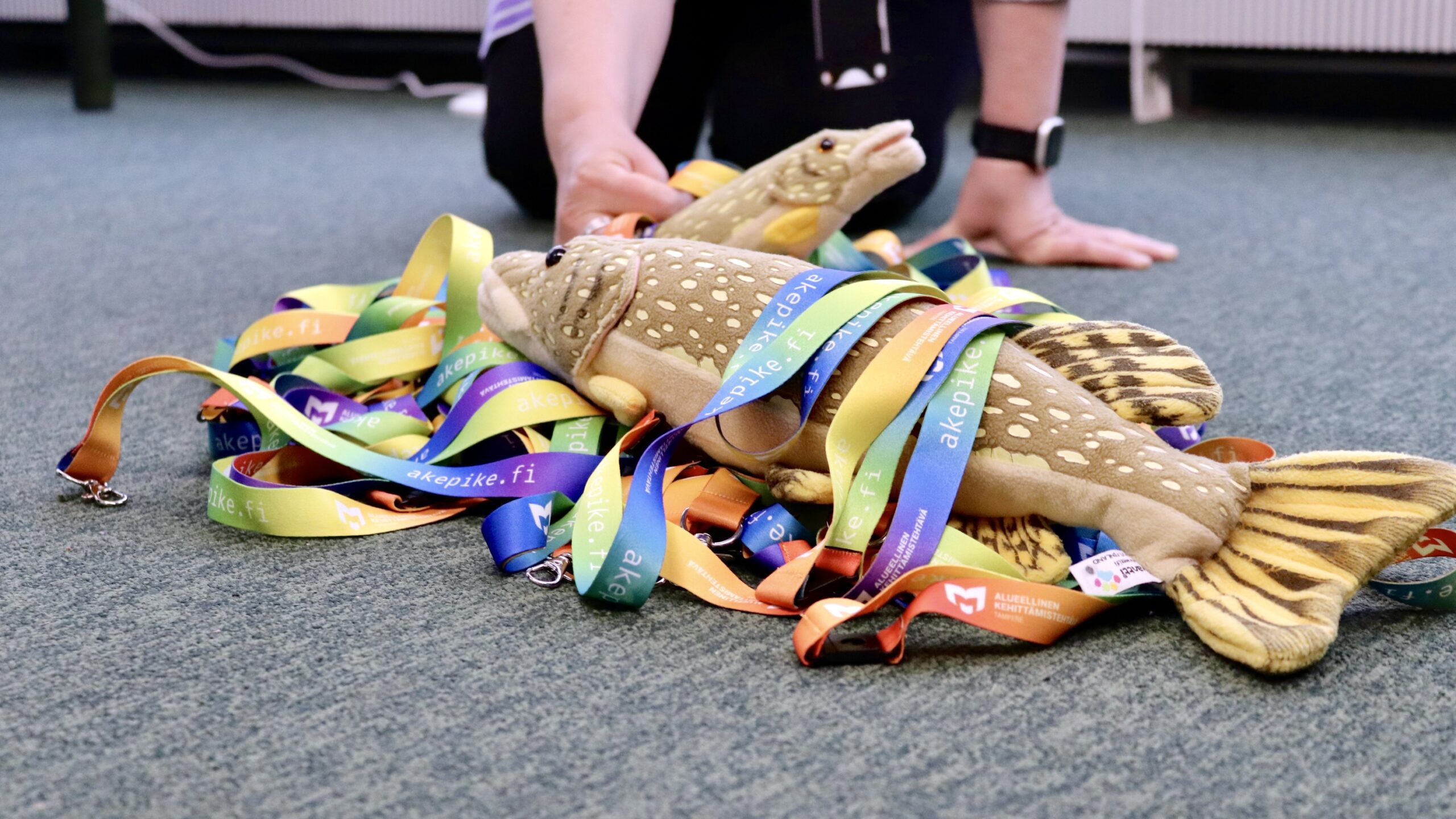 Hauki ja sateenkaaren värisiä avainnauhoja lattialla. Taustalla kaksi kättä ja pienempi hauki.