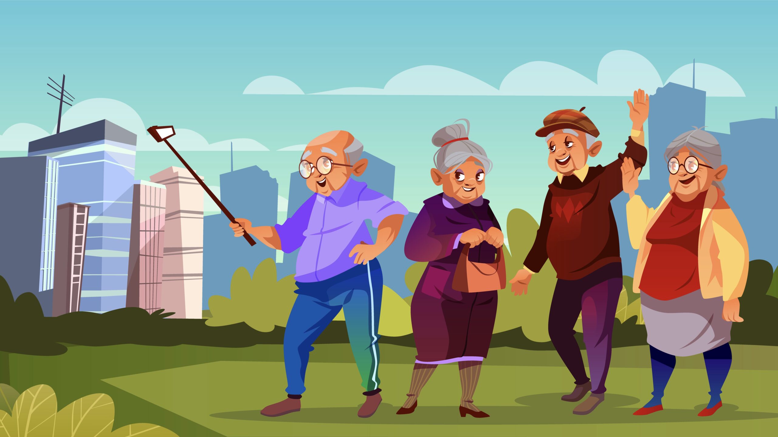 Vector group of old people with selfie stick at green park. Cartoon senior characters making photo. Trendy modern grandparents walk outside. Happy pensioners at retirement.