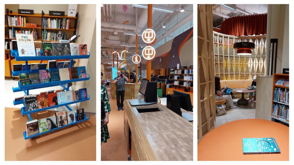 People of color -aiheinen aineistonäyttely, kirjaston opastevaloja tilassa sekä asiakkaita pöydän ääressä istumassa.