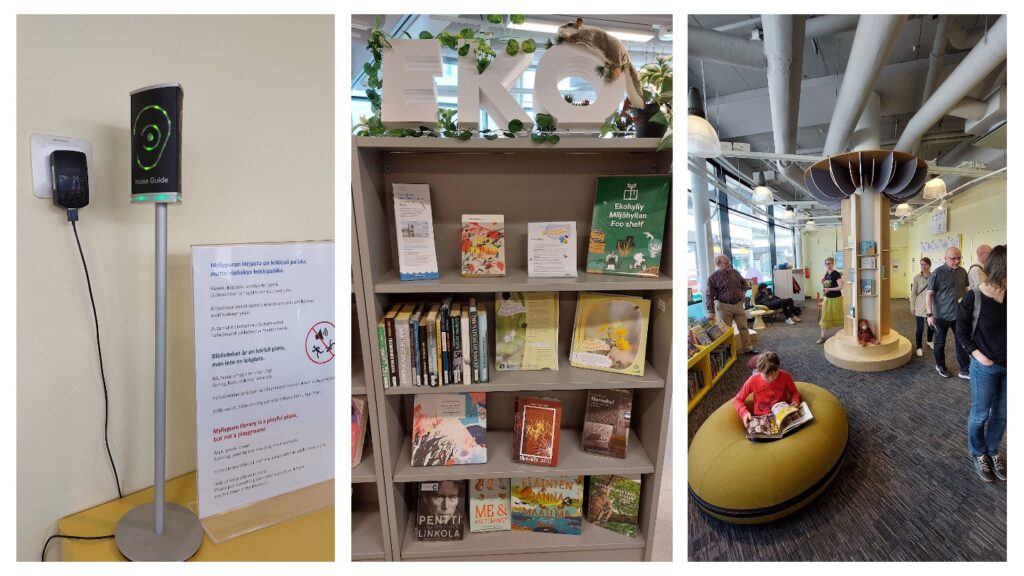 Äänentasoa mittaava laite kirjahyllyn päällä, ympäristöaiheinen eko-hyllynäyttely ja kirjastotila jossa paljon ihmisiä katselemassa ympärilleen.