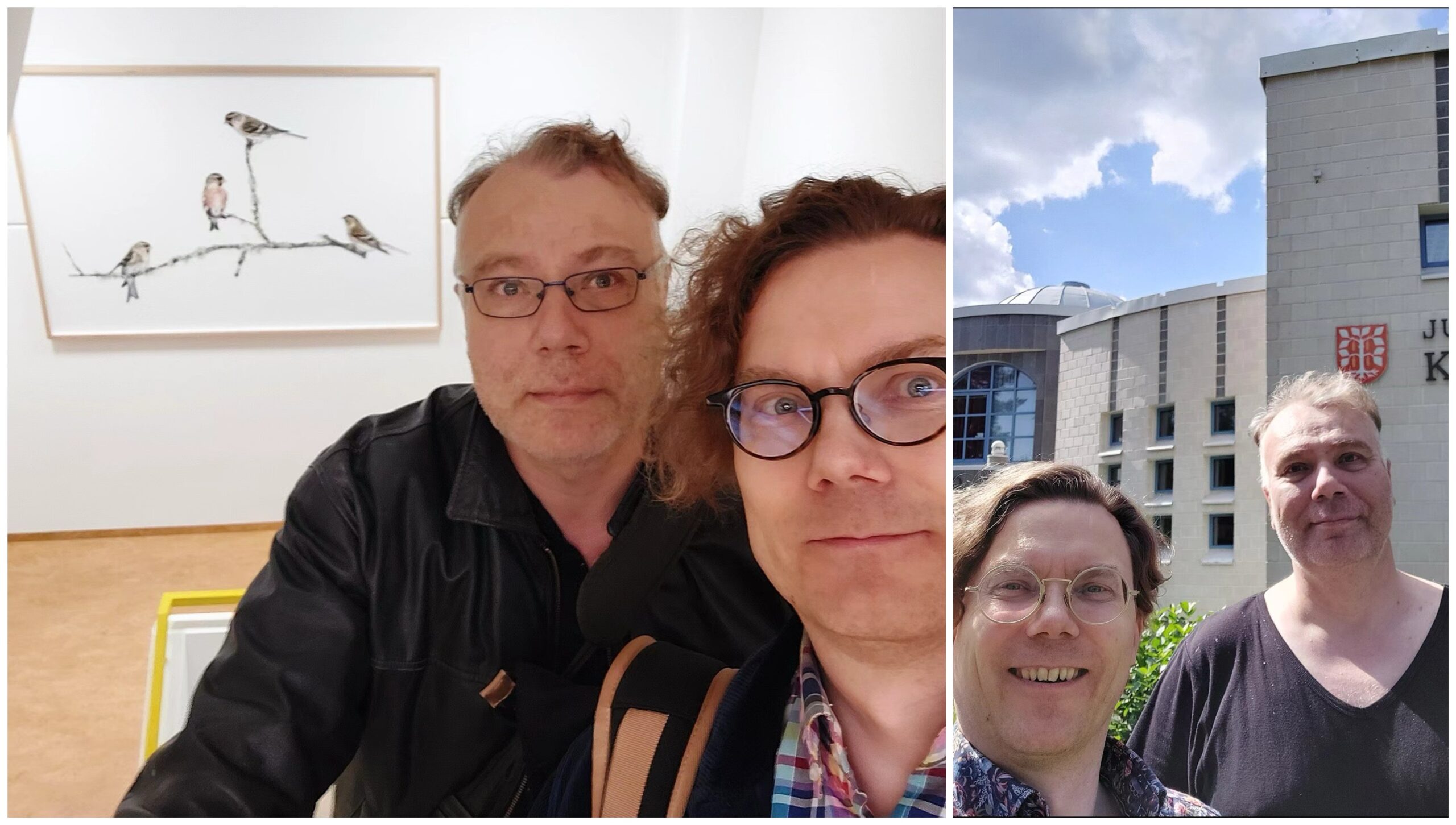 Kaksi kirjastotyöntekijää kahdessa yhteiskuvassa Juuan ja Jyväskylän kirjastoissa.