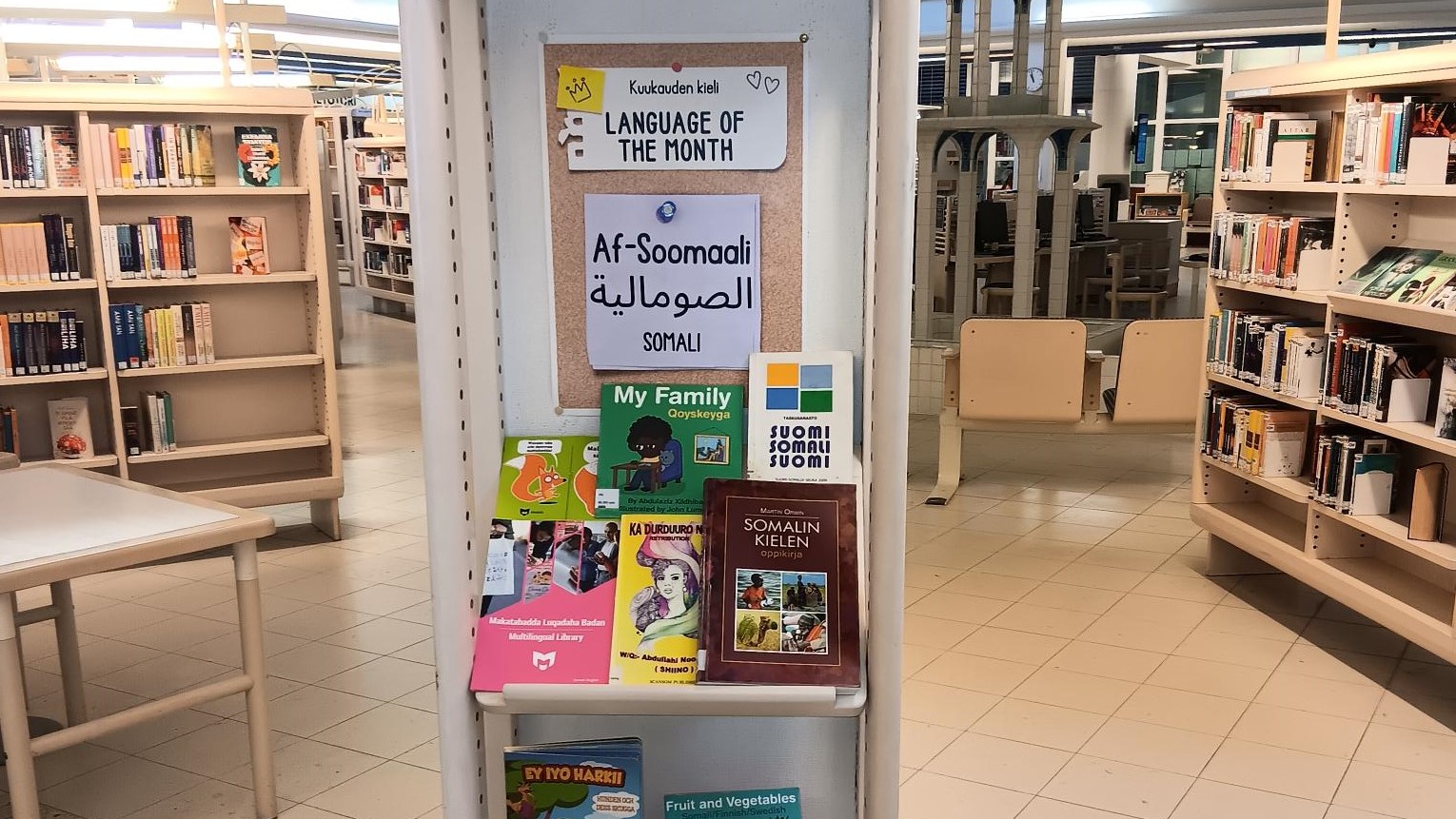 Hyllynpäätynäyttely Hervannan kirjastossa. Esillä somalinkielisiä kirjoja.