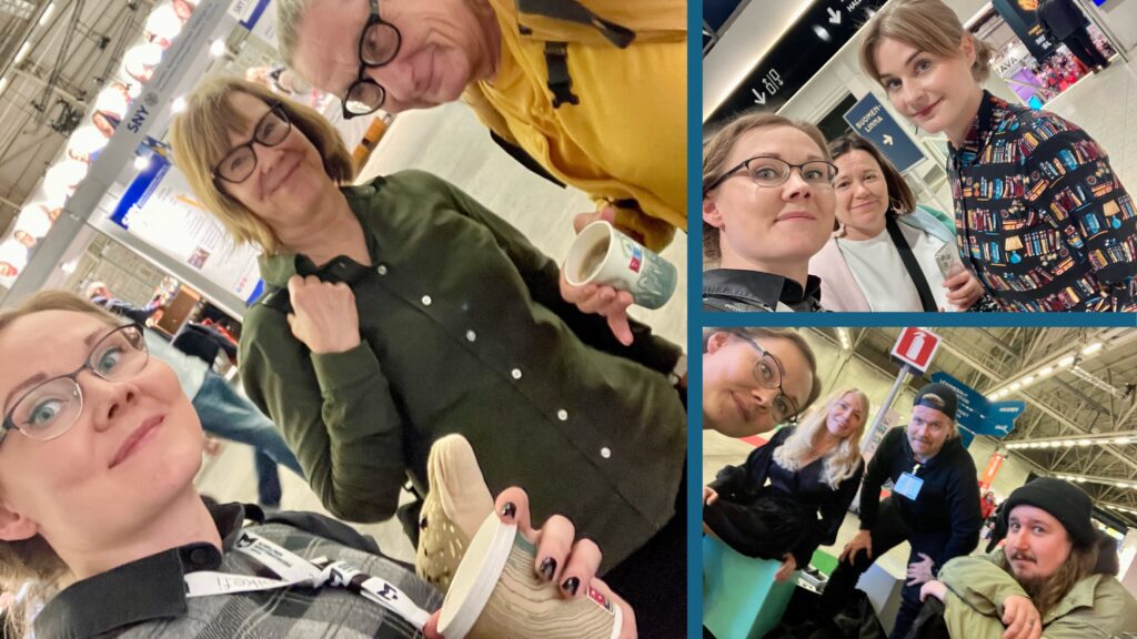 Usean yhteiskuvan yhdistelmä, jossa toisilleen tuttuja ihmisiä kameran edessä.