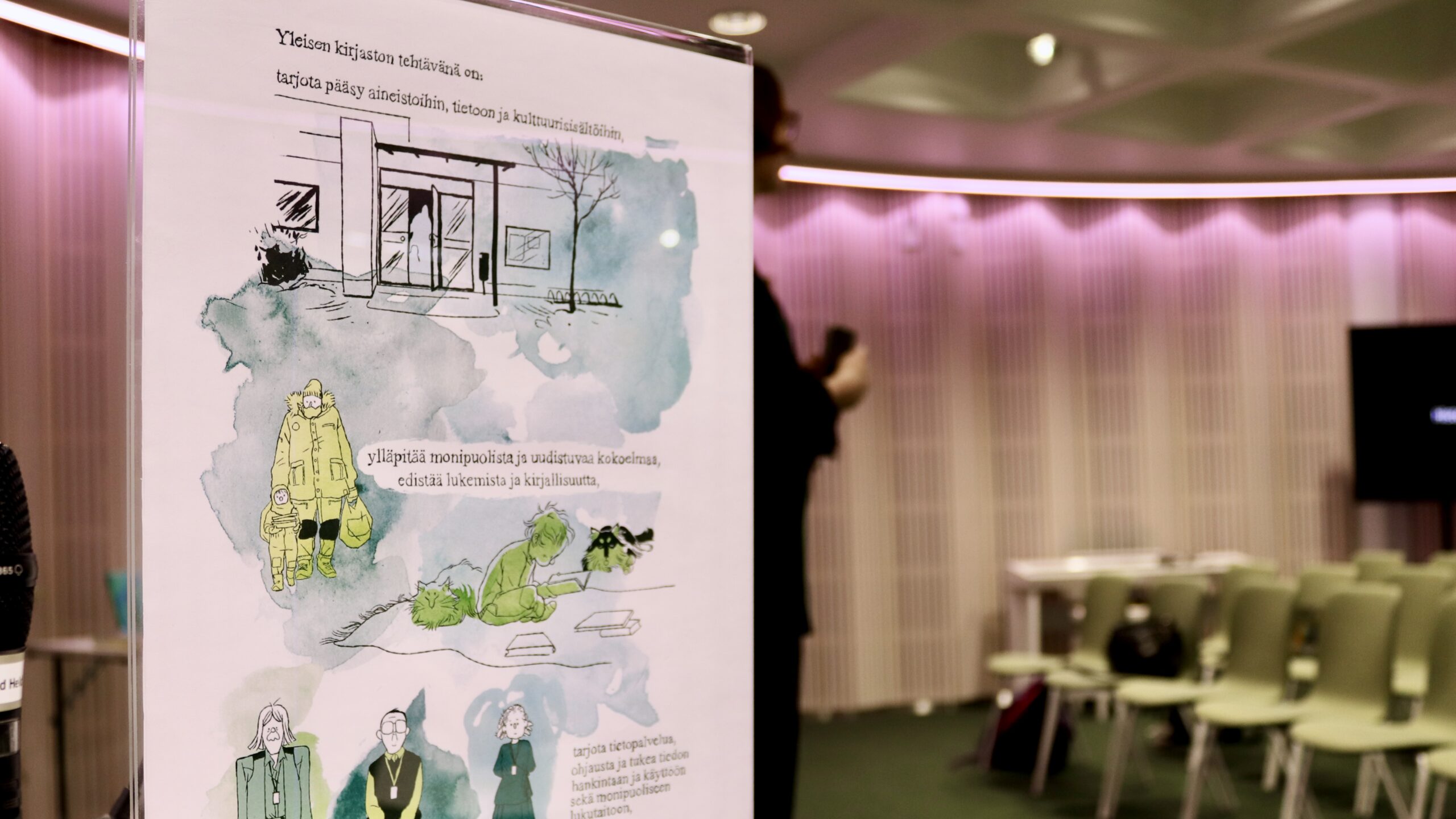 Yleisten kirjastojen tehtäviä kirjastolain mukaan tulostettuna paperille. Sarjakuvataiteilija Emmi Niemisen kuvitusta.