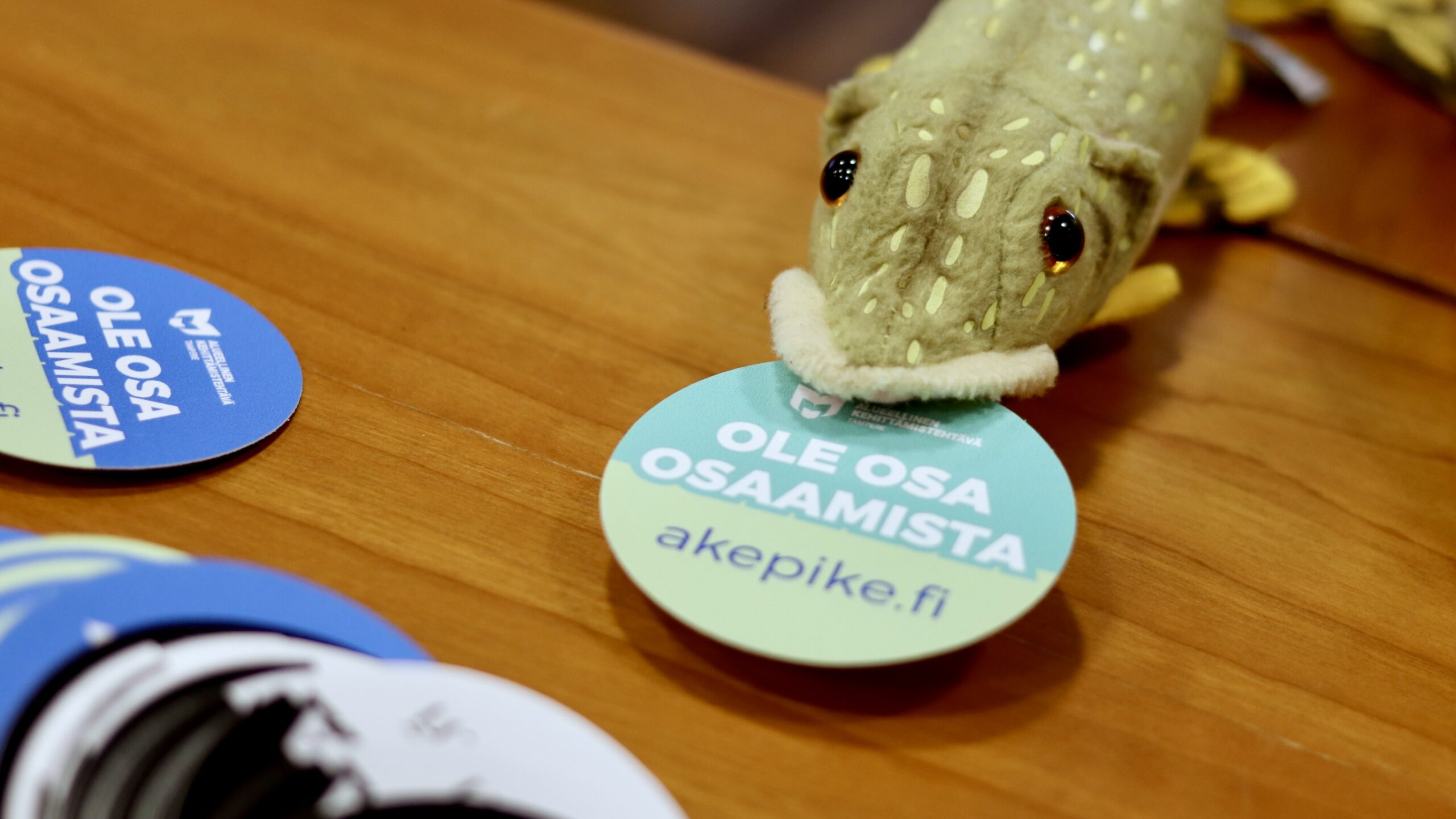 Pehmohauki, jonka suussa Ole osa osaamista -tekstillä varustettu tarra