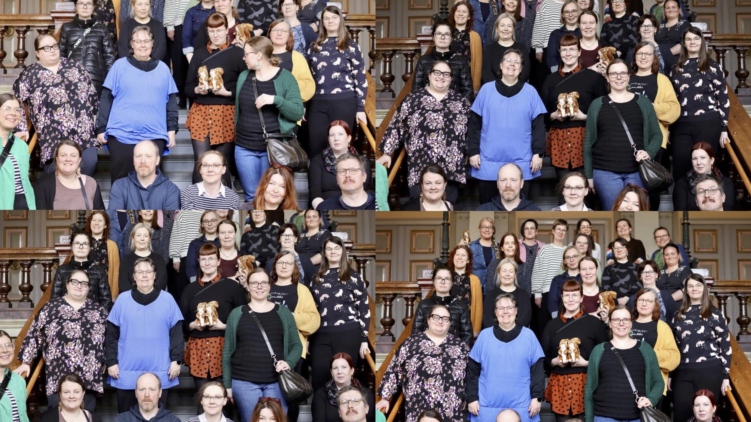 Neljä yhteiskuvaa AKE-ihmisistä samassa Vaasan kaupungintalon portaikossa.