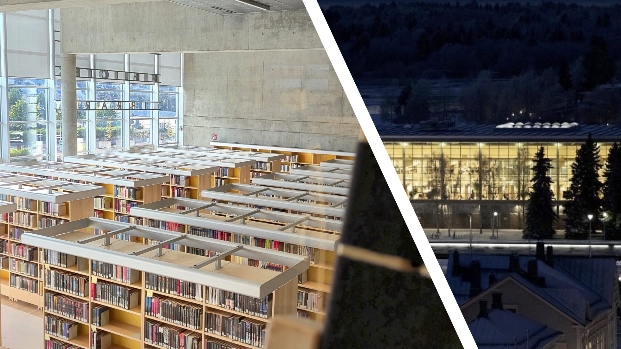 Oulun keskustakirjasto Saaren kirjahyllyjä yläilmoista käsin ja ulkoa otettu syksyisen illan kuva.