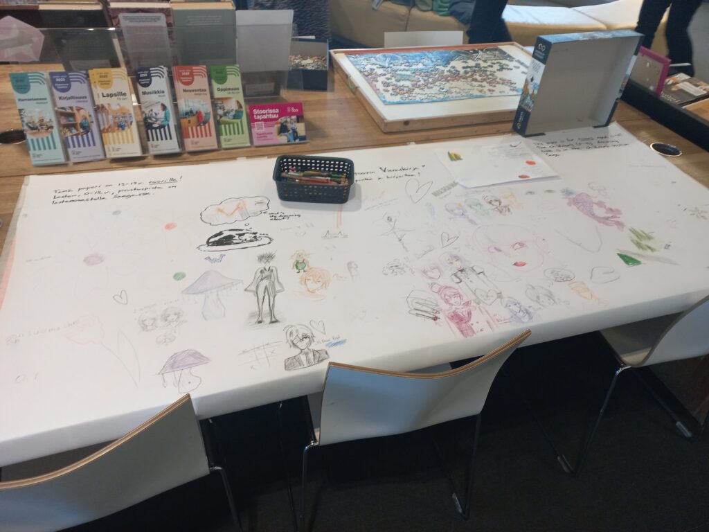 Pöydälle levitetty iso piirustuspaperi täynnä erilaisia kuvituksia Turun pääkirjaston nuortenosastolla. Pöydän päällä pieni kori täynnä erilaisia kyniä.
