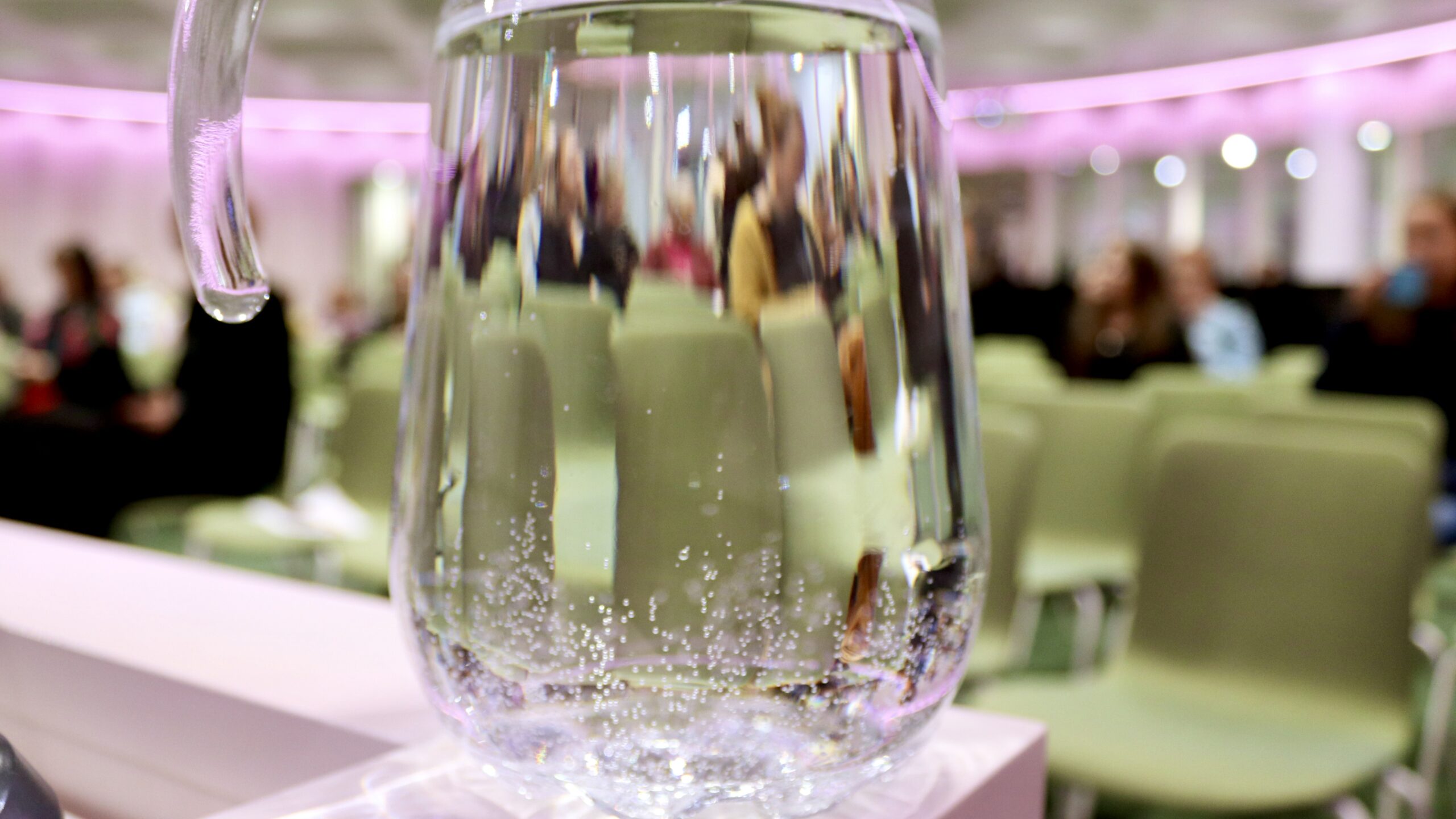 Vesikannun veden läpi kuvattu luentosali, jossa ihmisiä seuraamassa tilaisuutta.