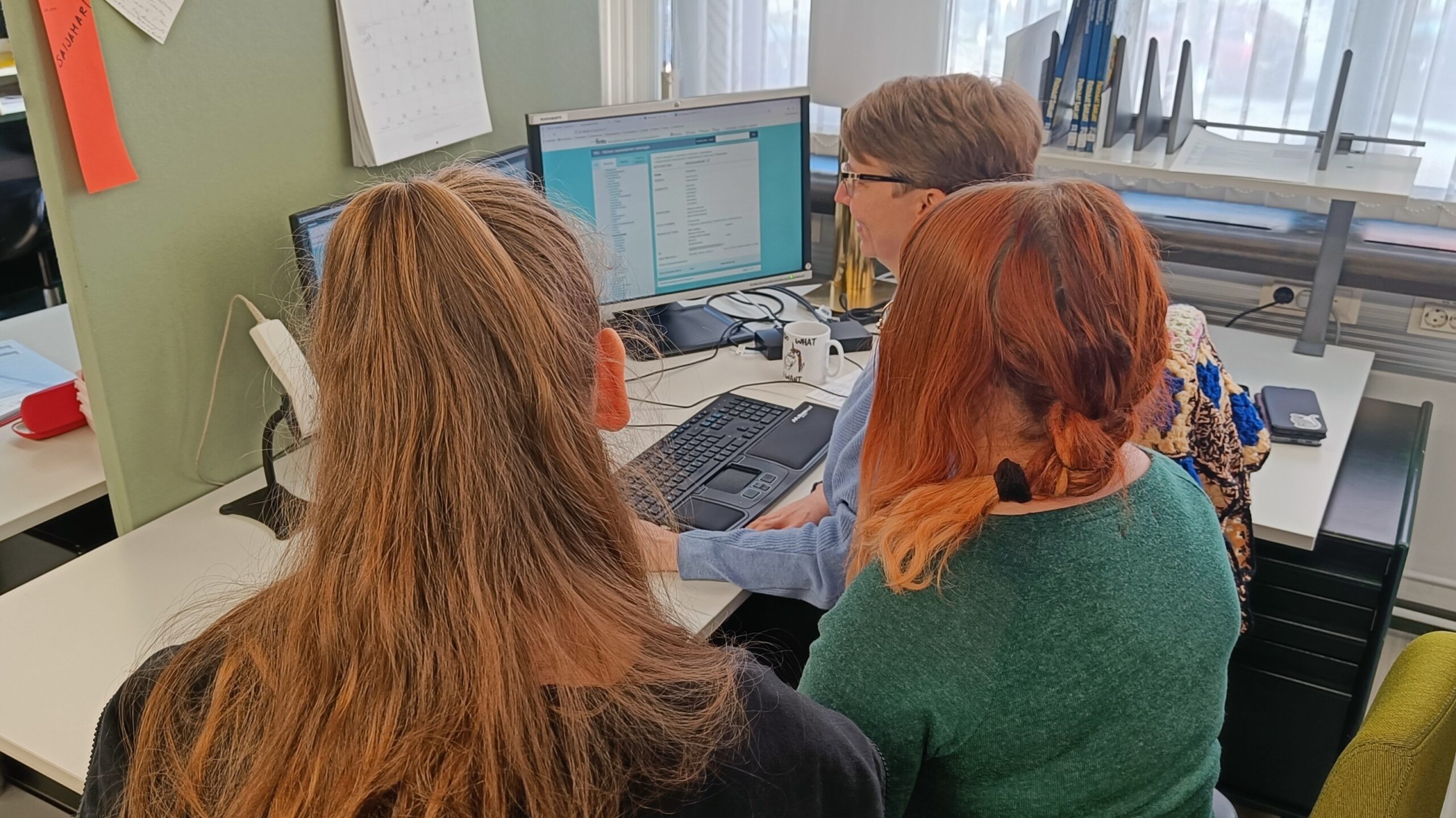 Kolme kirjastoammattilaista istuu työpöydän äärellä. Yksi heistä esittelee tietokoneen näytöltä sisältöjä kahdelle muulle.