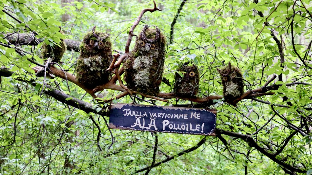 "Täällä vartioimme me, älä pöllöile!" -kyltti Juupajoen rotkon luontoreitillä. Kyltti on ripustettu puun oksaan, jonka päällä on luonnonmateriaalista rakennettuja pöllöhahmoja.